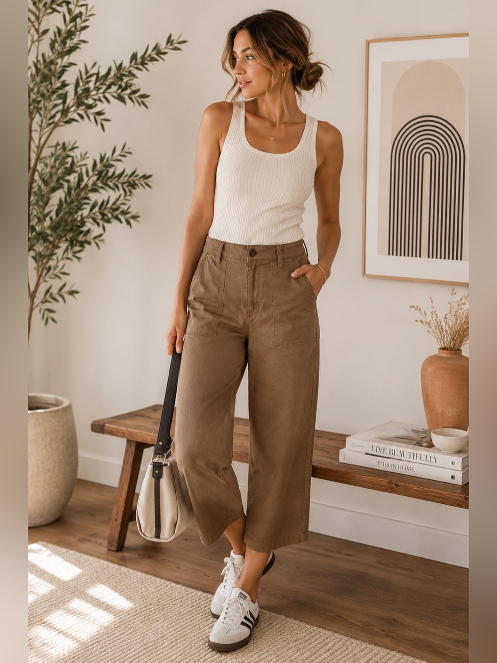 Ella‎ Moss Brown Wide-Leg Crop Chino Pants